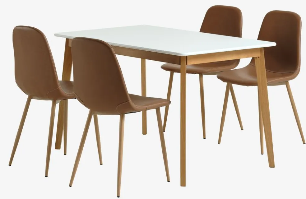 JEGIND D130 stół biały + 4 JONSTRUP koniak/dąb