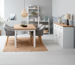 MARKSKEL D150/193 stół biały/dąb +4 ADSLEV krzesła aksamit