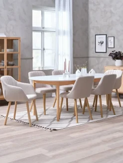 MARSTRAND D200/280 stół biały + 4 ADSLEV krzesła beżowy